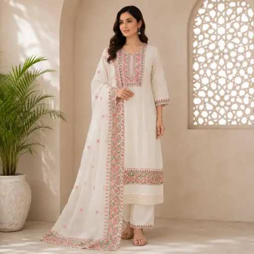 [85943074FG26D7] Women's White Embroidered Kurta Pant Dupatta Set | Floral Neck Work Ethnic Suit