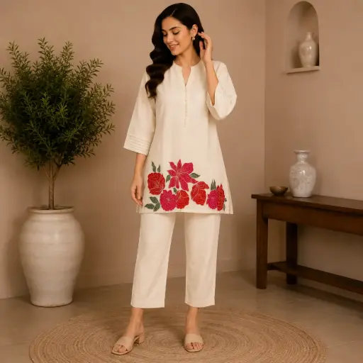 [91343001FM66E0] Elegant Cream Floral Co-Ord Set for Women with Embroidered Short Kurti and Straight Pants