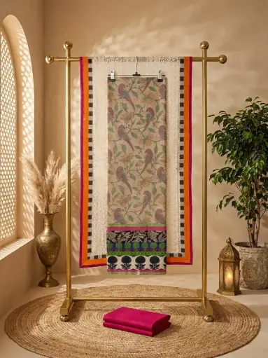 [00106001YC6015] Natural Beige Printed Chanderi Cotton Unstitched Dress Material
