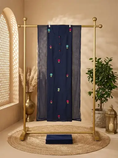[09406001FT16E1] Midnight Navy Embroidered Silk Unstitched Dress Material Suit Set
