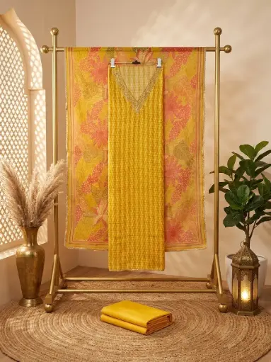 [09406001HY02C9] Mustard Yellow Printed Silk Unstitched Salwar Suit Set