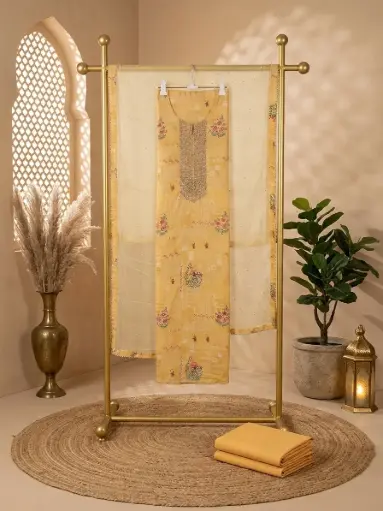 [09406001IA71A6] Butter Yellow Embroidered Silk Unstitched Dress Material Set
