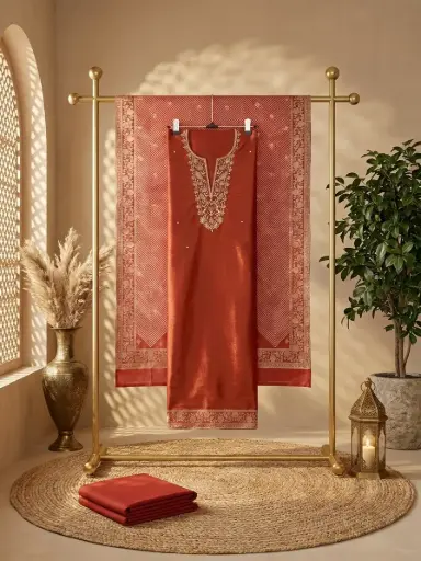 [09406001IB54E6] Rust Red Hand-Embroidered Unstitched Silk Suit Material with Banarasi Dupatta
