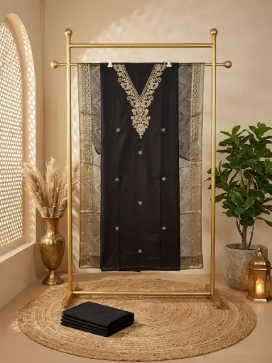 [09406001IH15C9] Jet Black Embroidered Silk Blend Unstitched Suit Fabric Set