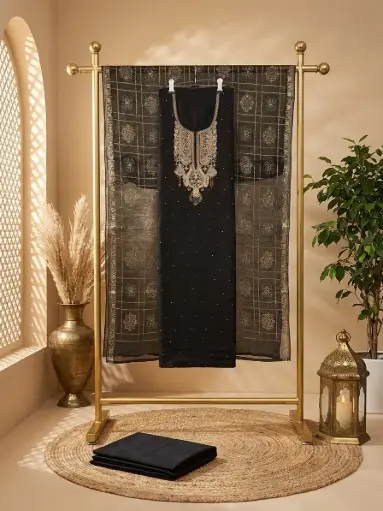 [09406001PD00E2] Black Silk Unstitched Suit Material with Embroidered Neckline