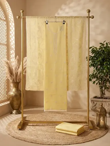 [09406001QY68E6] Lemon Yellow Chanderi Silk Unstitched Embroidered Suit Material 