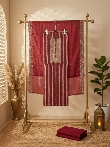 [09406001TW72E8] Maroon Striped Chanderi Silk Unstitched Salwar Suit Material