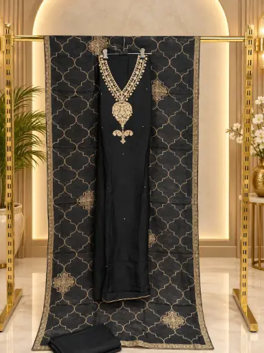 [09406001ZP60E2] Jet Black Embroidered Unstitched Suit with Jacquard Dupatta