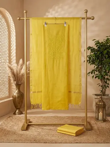 [09406001ZP65E2] Sunshine Yellow Embroidered Chanderi Unstitched Dress Material