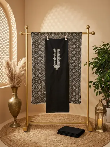 [09406001ZR91E1] Black Embroidered Silk Unstitched Salwar Suit Dress Material