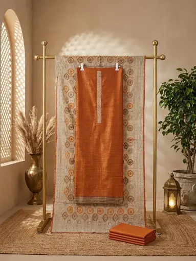 [09406001ZW98E1] Rust Orange Embroidered Silk Unstitched Salwar Suit Material