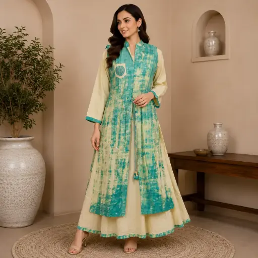 [DRESS MATERIAL - 5412-17] Women's Turquoise Tie-Dye Layered Kurta Set | Elegant Indo Western Ethnic Dress