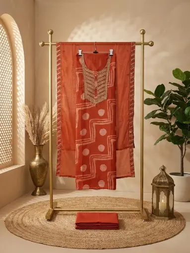 [58106001LW4285] Rust Orange Embroidered Silk Blend Unstitched Dress Material