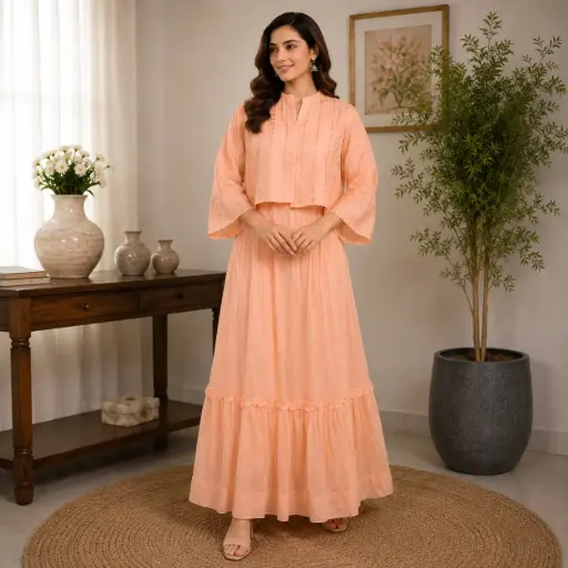 [58106001QY5185] Elegant Peach Layered Co-Ord Set for Women with Embellished Crop Jacket and Flared Maxi Dress