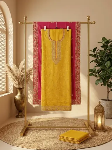 [58206001LW1785] Mustard Yellow n Rani Pink Embroidered Unstitched Suit Set