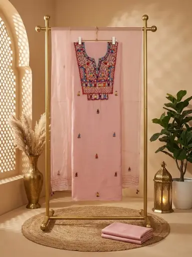 [68106001FH49D7] Blush Pink Embroidered Unstitched Chanderi Silk Suit Set