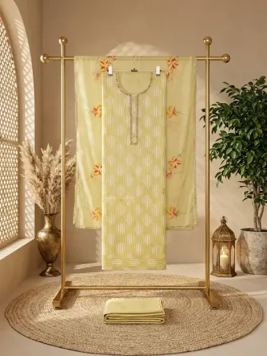 [68106001KY4597] Pastel Yellow Chanderi Unstitched Hand-Painted Suit Set