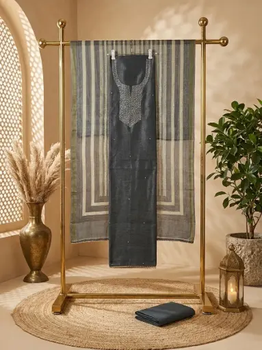 [70006001ZR1396] Charcoal Grey Embroidered Unstitched Chanderi Suit Material Set