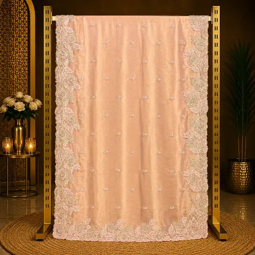 [73913001EC40E3] Women's Peach Saree with Floral Embroidery and Scalloped Designer Border