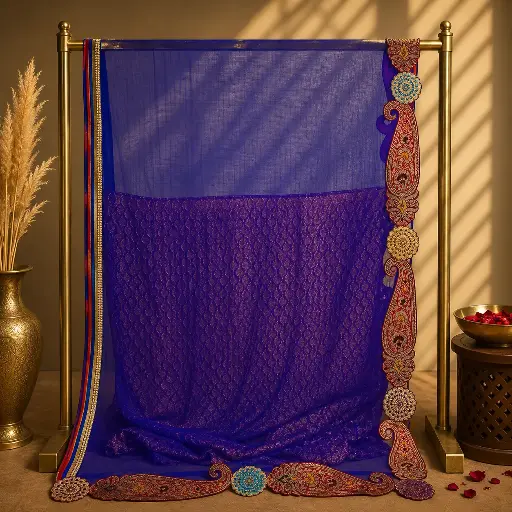 [00110001N70402] Royal Purple Sequin Embellished Saree with Sheer Pallu