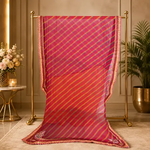 [00111001Z02402] Magenta Leheriya Saree with Multicolor Diagonal Stripes and Embellished Border