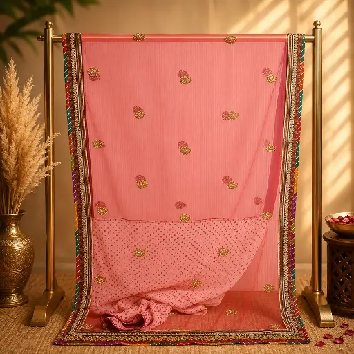 [00111001Z18702] Peach Pink Sheer Saree with Paisley Motifs and Multicolor Border
