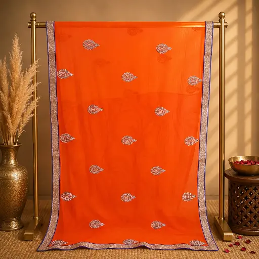 [00113001K73901] Orange Buti Saree with Delicate Floral Motifs and Elegant Border for Festive Party Wear
