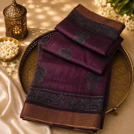 [49617001ES13F0] Deep Purple Floral Motif Saree with Copper Zari Border