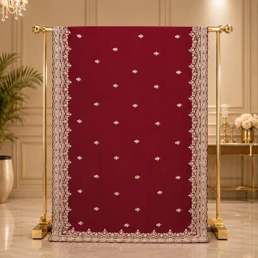 [13017001FA59D4] Maroon Saree with Floral Motifs and Heavy Scalloped Embroidered Border