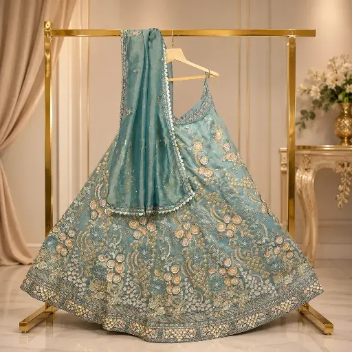 [93318001LZ65E2] Women's Aqua Green Embroidered Lehenga Choli Set with Sequins, Floral Work and Matching Net Dupatta
