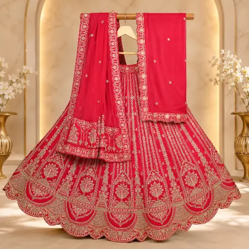 [93318001PC23E2] Women's Hot Pink Bridal Lehenga Choli with Gold Embroidery and Dupatta