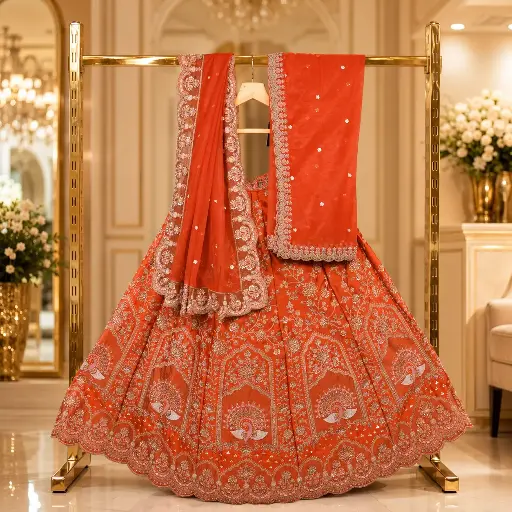 [93318001UA25E2] Women's Orange Bridal Lehenga Choli with Peacock Embroidery and Dual Dupatta