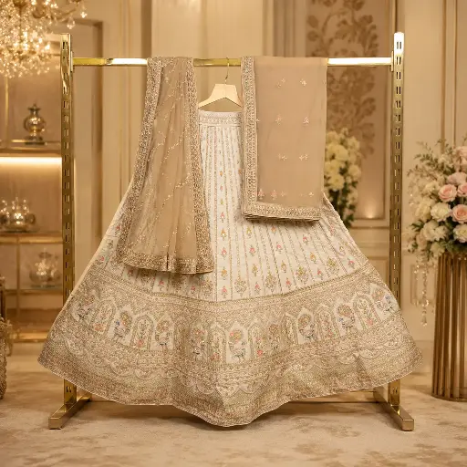 [93318001VF37E2] Ivory Embroidered Lehenga Choli with Beige Net Dupatta