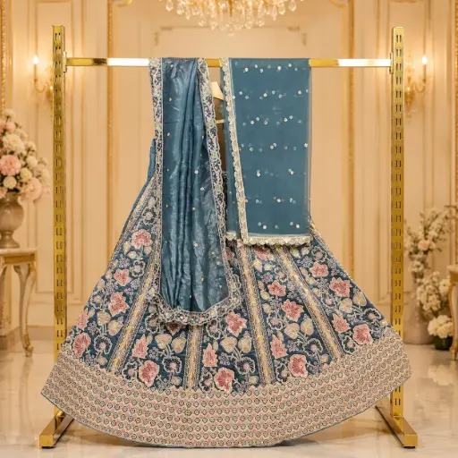[93318001XY45E2] Women's Teal Blue Floral Embroidered Lehenga Choli Set with Sequins and Matching Dupatta for Wedding