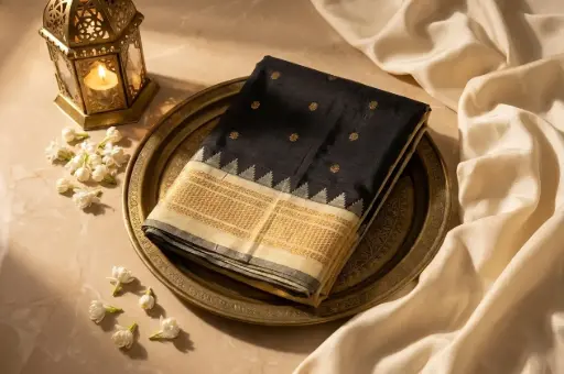 [81809001HS23C1] Black Handloom Silk Saree with Temple Zari Border