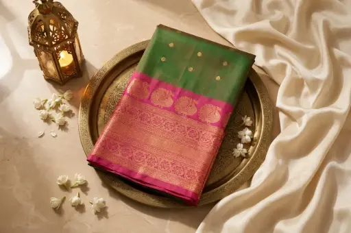 [81809001HS26C1] Dual-Tone Green and Rani Pink Kanchipuram Silk Saree
