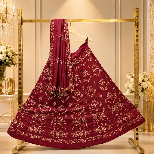 [58318001MJ1771] Women's Maroon Lehenga Choli with Gold Floral Embroidery and Matching Dupatta