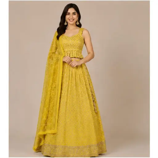 [58318001WJ30A7] Yellow Mirror Work Lehenga Choli Set with Embroidered Dupatta