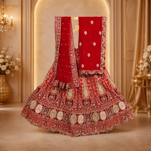 [58318028YA21E1] Red Bridal Lehenga Choli Set with Heavy Embroidery and Matching Dupatta