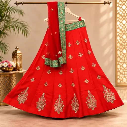 [15021001SF0238] Women's Red Lehenga Choli with Green Border and Matching Dupatta