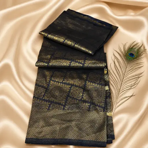 [15017012IW50B4] Navy Black Banarasi Silk Saree with Antique Gold Zari Motifs & Peacock Feather Styling