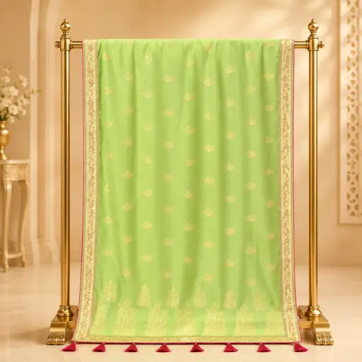 [15017001MQ1172] Women's Pistachio Green Saree with Gold Buti Border and Pink Tassels