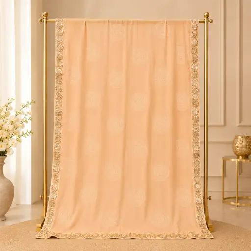 [15017001LL9876] Women's Blush Peach Saree with Embroidered Mandala Motifs and Golden Paisley Border