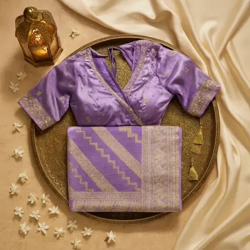 [15017089HU41C1] Elegant Lavender Silk Saree with Traditional Zari Border