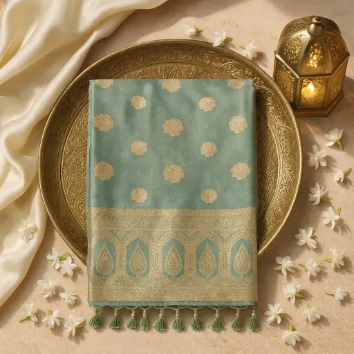 [15017089HU43C1] Elegant Mint Green Designer Silk Saree with Zari Embroidery