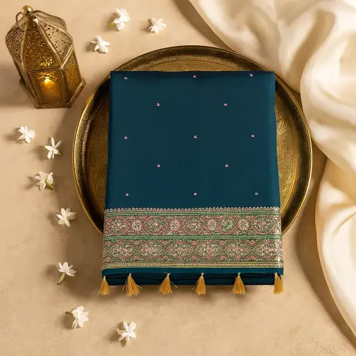 [15017001ZN38C9] Elegant Teal Designer Saree with Ornate Zari Border