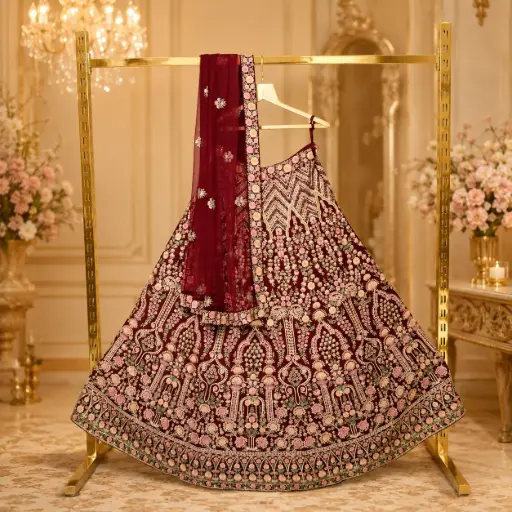 [67818028IL54A9] Women's Maroon Bridal Lehenga Choli Set with Floral Embroidery, Sequins and Net Dupatta for Wedding