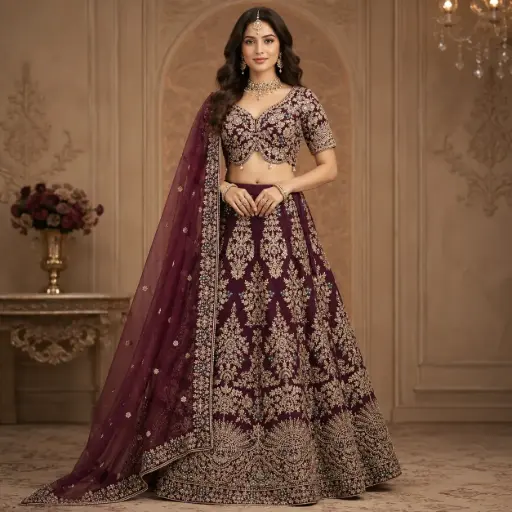 [67818041HM11B9] Womens Wine Maroon Embroidered Lehenga Choli with Net Dupatta for Wedding and Festive Party Wear Set