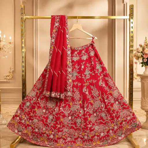 [67818046IN70A9] Women's Red Bridal Lehenga Choli Set with Floral Embroidery, Sequins & Matching Dupatta