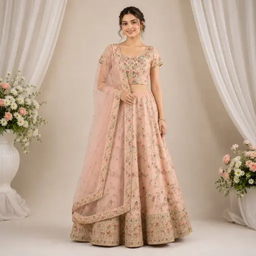 [67818086HA16B7] Women's Peach Floral Lehenga Choli with Net Dupatta for Wedding Reception and Festive Party Wear Set